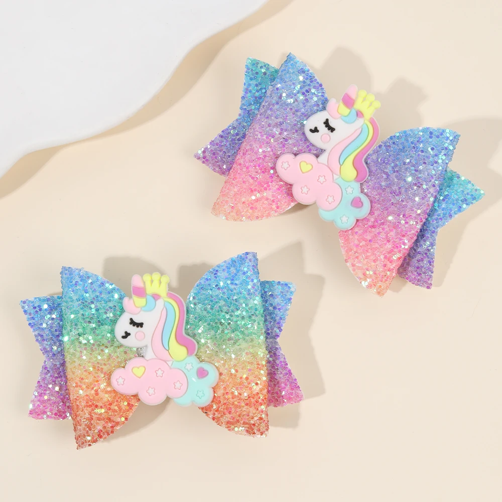 Rainbow Unicorn Glitter Bow Hair Clips - 2 Pack image