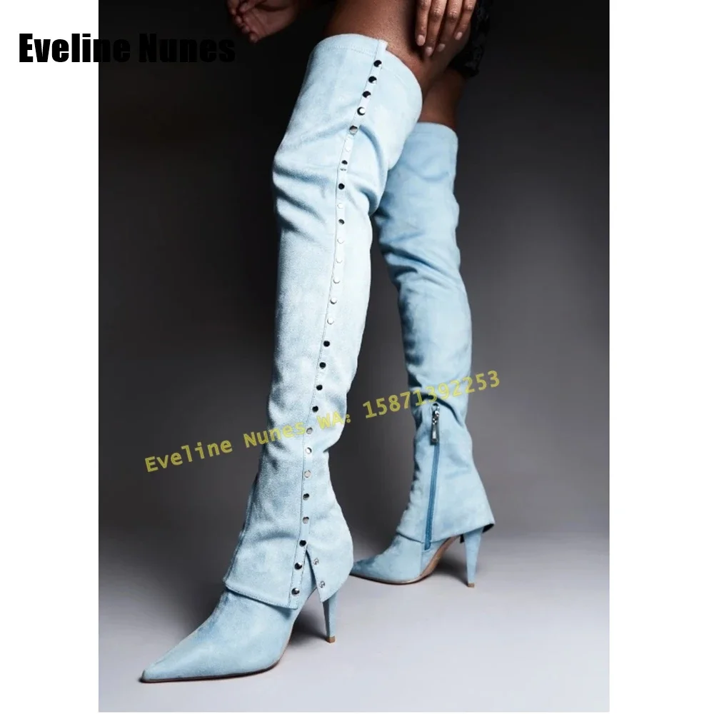 

Синие ботинки с заклепками и острым носком, модная обувь 2024, трендовые однотонные повседневные женские ботильоны выше колена на тонком каблуке с боковой молнией