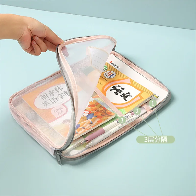 Saco de armazenamento de livro em forma de l grande capacidade transparente assunto de estudante sub-equipamento engrossado multi-camada saco de armazenamento de documentos