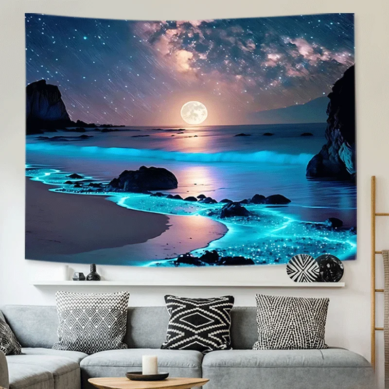 Bezaubernde blaue Meer & Mond Tapisserie Polyester Wandbehang für Schlafzimmer Wohnheim Dekor enthält kostenlose Installation Kit Geschenk für Freund