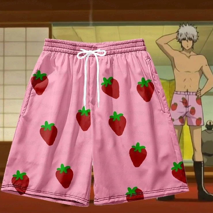 Pink Strawberry Short Pants 2026 Men's Women's Anime GINTAMA Sakata Gintoki Cosplay  Unisex Party Beach Shorts