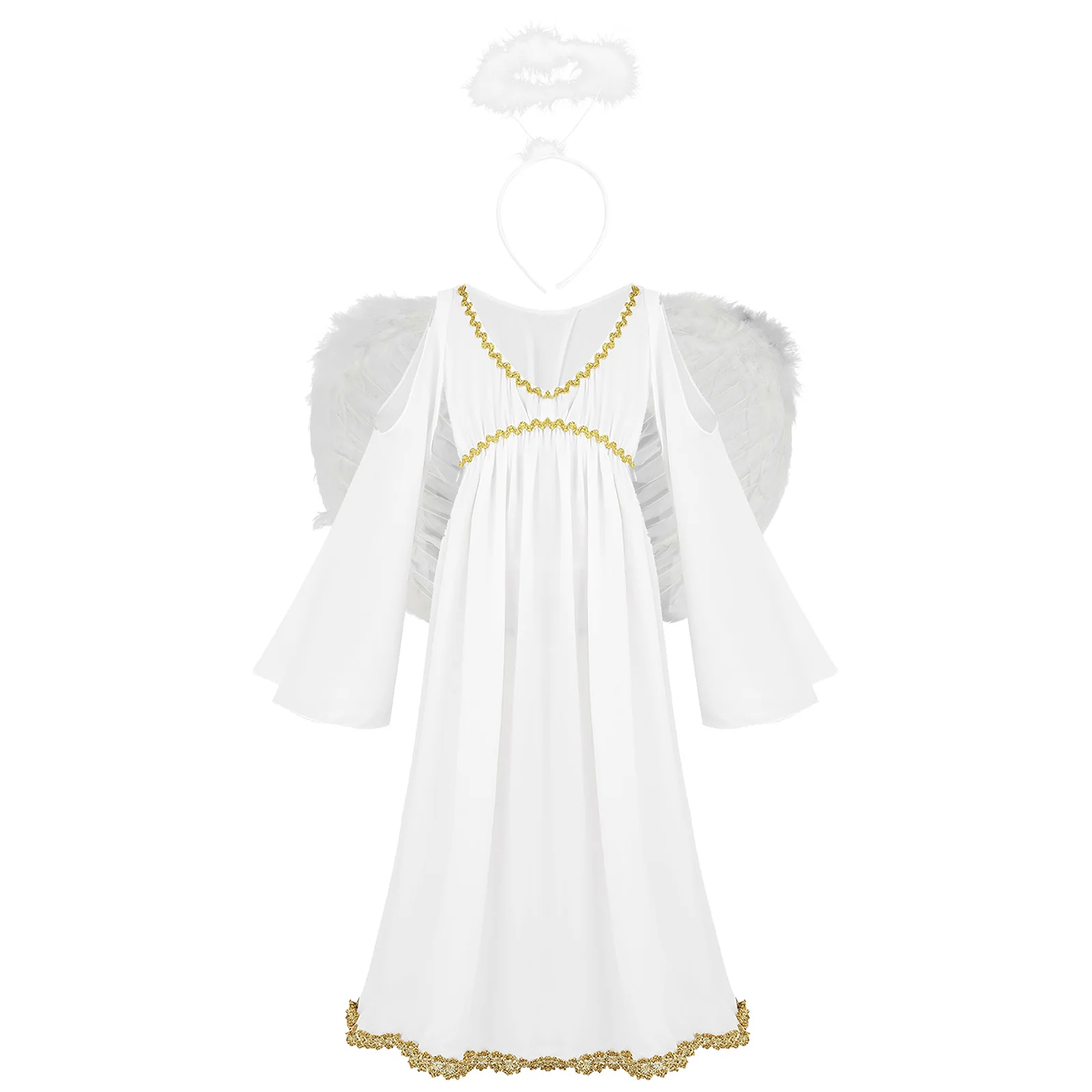 Children Girls Halloween Angel Cosplay Performance Costume Church Choir Worship Gown Long Sleeve Dress with Wings Headband Set image 2