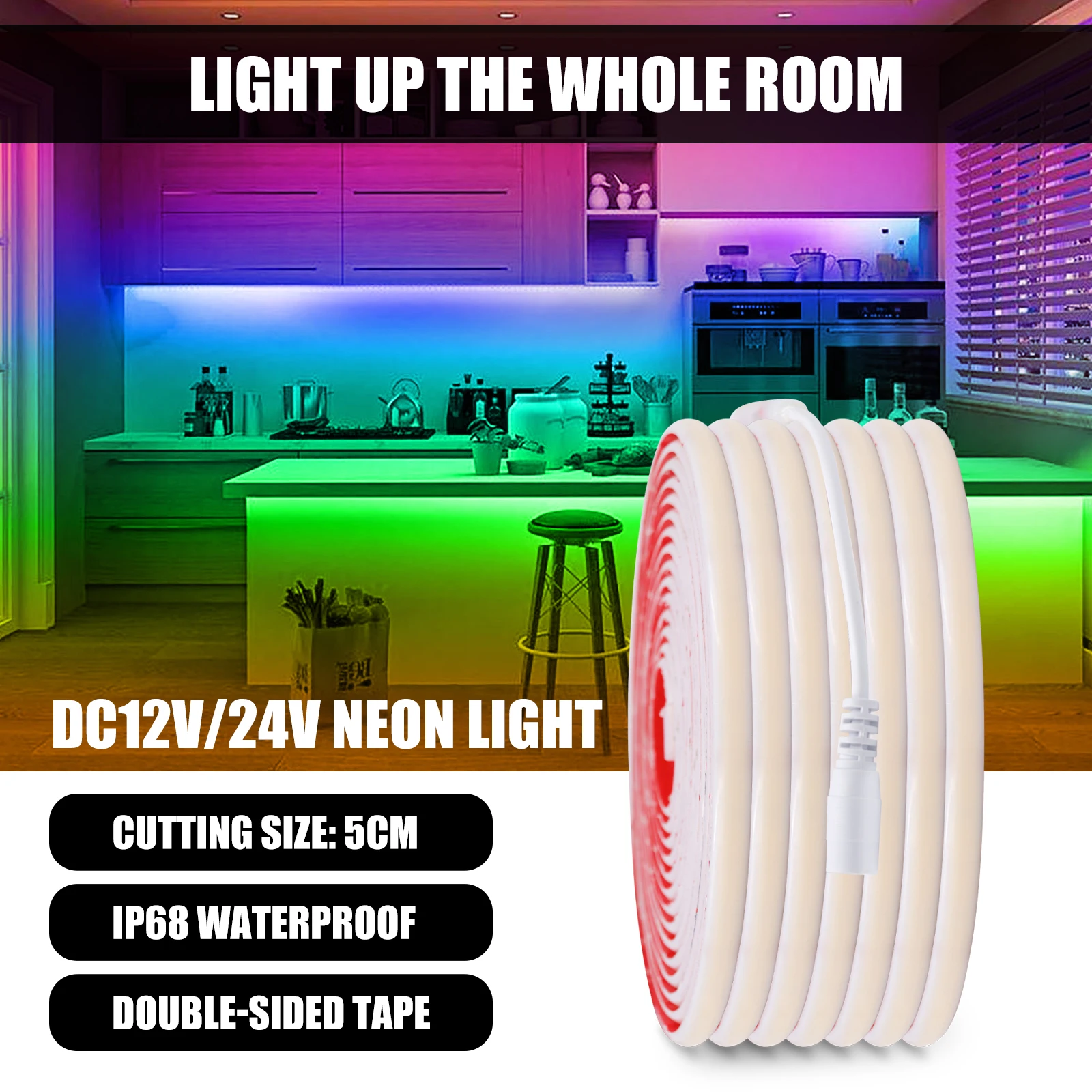 IP68 Waterproof COB LED Strip Light 12V Flexible LED Neon Tape 320LEDs High Density Linear Lighting for Outdoor Swimming Pool