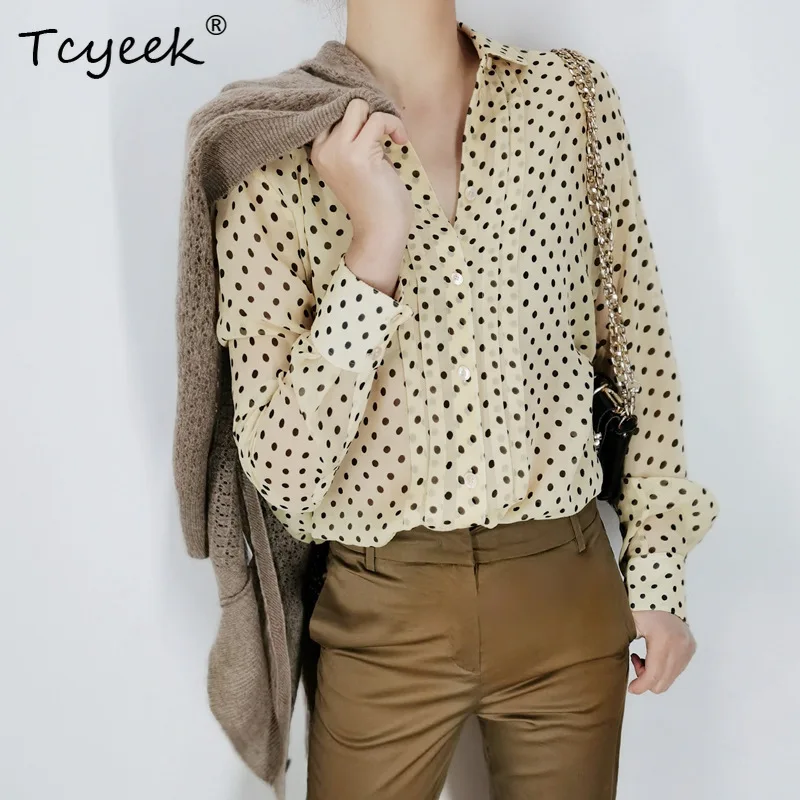 

Tcyeek 10MM 100%Real Silk French Retro Pleated Blouse Women Polka Dot Peter Pan Collar Shirt, 2024 Spring New Tops T41557QC
