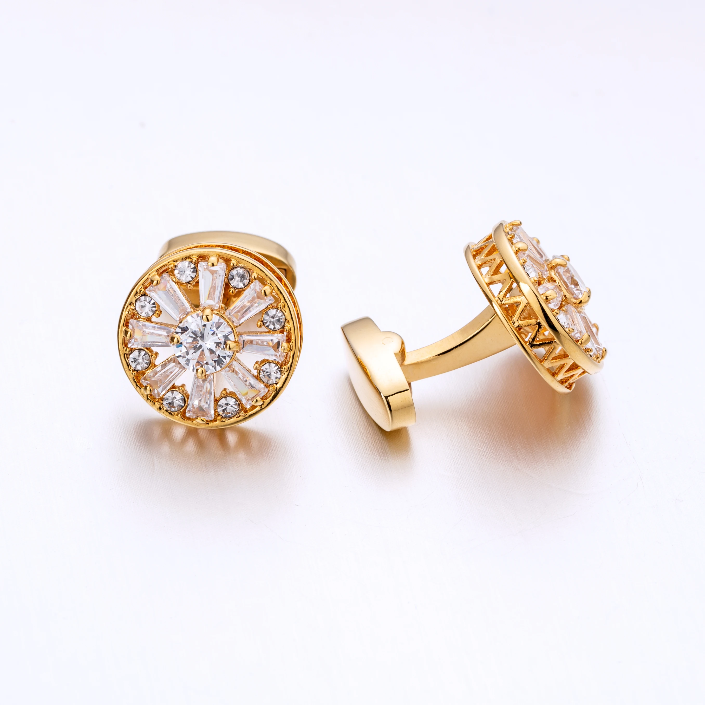KFLK Brand High Quality for Mens Women Gold-color Round White Crystal Cufflinks Wedding Gift Button Guests female
