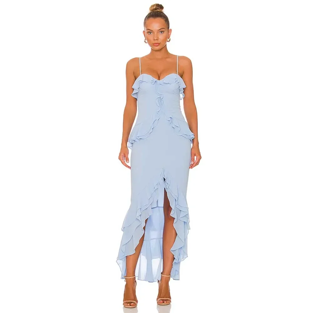 

Baby Blue Prom Dress 2023 Spaghetti Straps Sweetheart Mermaid Evening Dresses for Women Ruffle Hi-Lo Ankle Length Midi Prom Gown