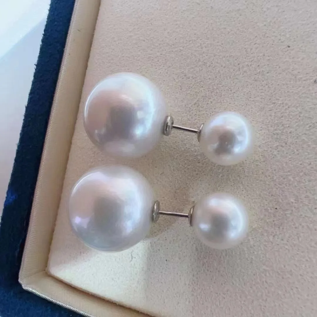 Double pearls Gorgeous AAAA+++ Japan Akoya Round 11-12mm White Pearl Earrings 925