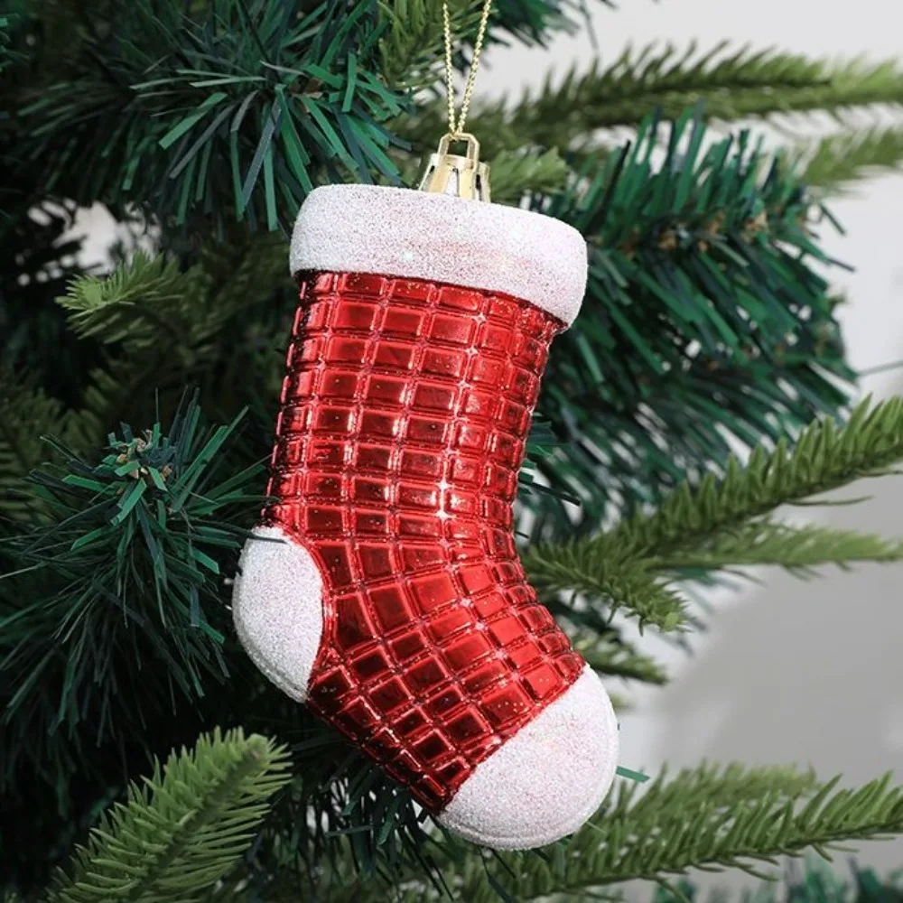 4Pcs Electroplated Socks Christmas Tree Ornament Plastic New Year Christmas Gifts Boxes Pendant Hanging Ornament Pendant