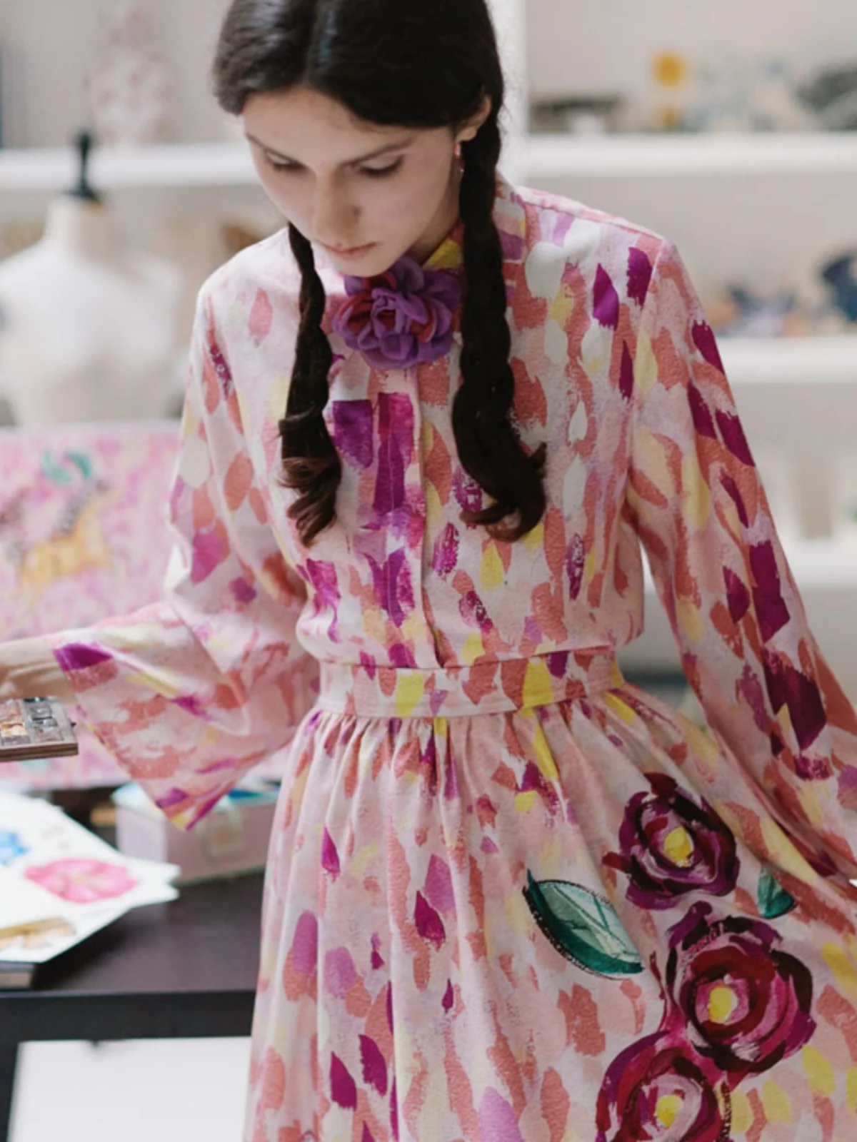 

Xunruo Long Sve Floral Oil Painting Bru Touch Brand Elizabeth Artist Collab irt Original Design Printed Polye...