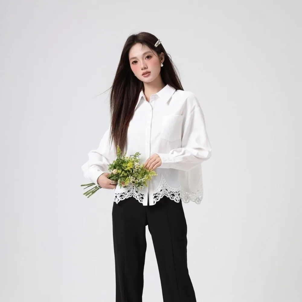 Irregular Lace Women's Plain Lace Shirt Long Clothing Sleeves Streetwear Korean Style Blouse Simple White Lace Shirts Tops