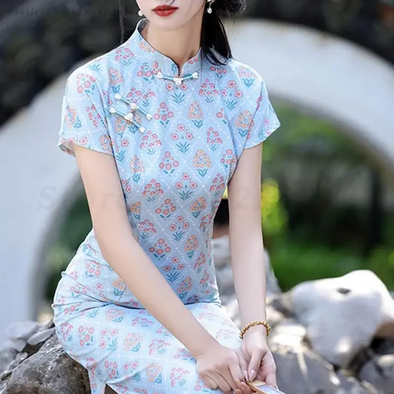 

Women Slim Long Qipao Mujer Improved Chinese Tradition Dress Printed Cheongsam Plus Size 3XL Vestidos Summer Short Sleeves Gown