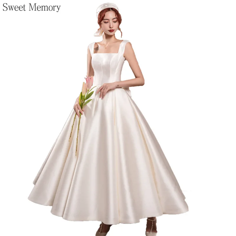 A139 Sweat Memory White Red Sleeveless Satin Wedding Dresses Bow Backless Lady Girl Women Princess Bridal Party Ball Prom Dress