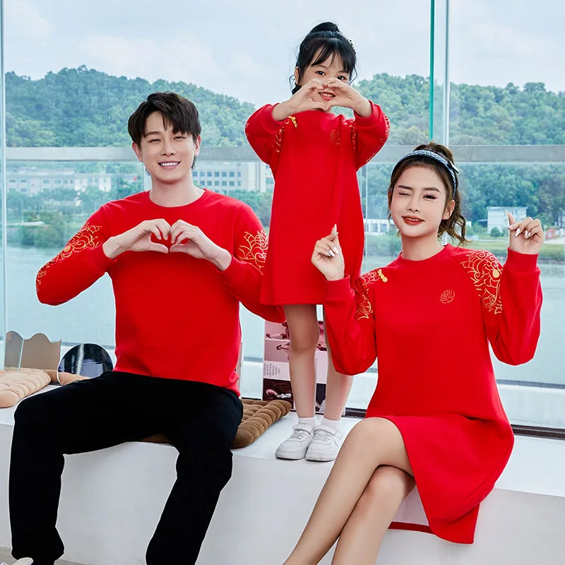 1-12 Years Girl Boy Brother Sister S-3XL Mom Dad Family Matching Outfits 2025 Chinese New Year Plus Velvet Red Sweatshirt Dress