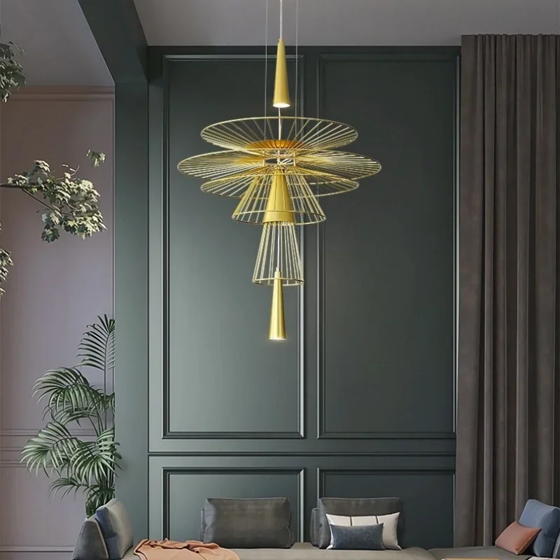 

Light Luxury Simple Modern Restaurant Chandelier Medieval Designer Creative Hollow Flying Saucer Hanging Line Pendant Lights