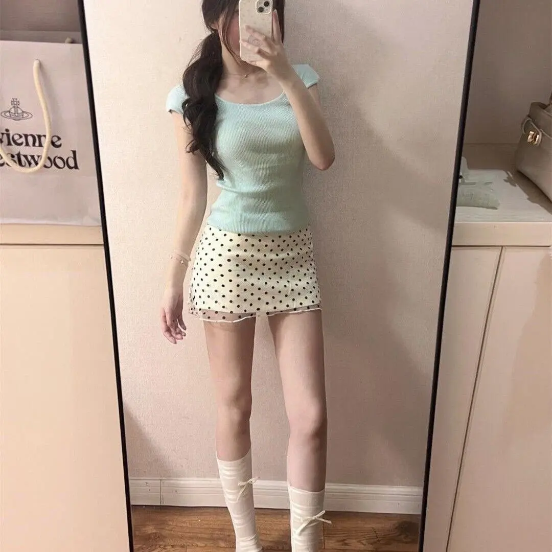

Summer New Polka Dot Lace Half Skirt Women's High Waist Slim Fit Short A-Line Skirt Polyester Fiber Silk Luster Embroidery
