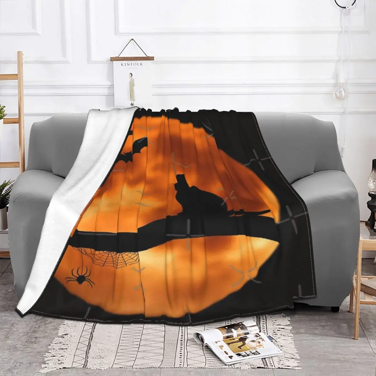 Manta de murciélago y araña de gato para Halloween, colcha a cuadros para cama, sofá, 135 mantas a cuadros, textiles de lujo par