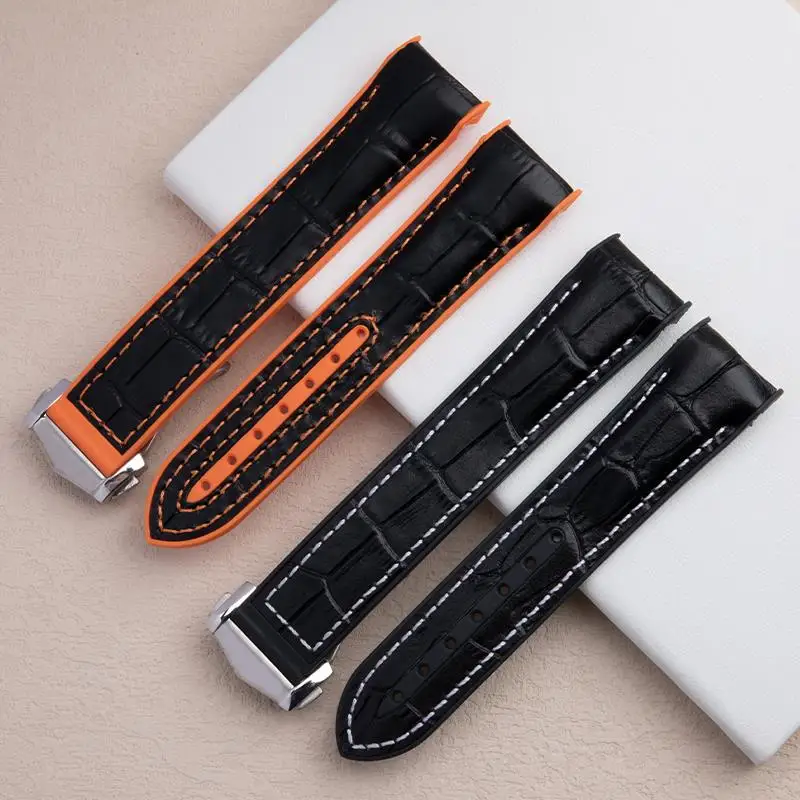 

BEFIA 20mm Leather Rubber Back Watch Band Fit for Omega GMT Planet Ocean Seamaster Diver 300 Curved End Black Orange Strap