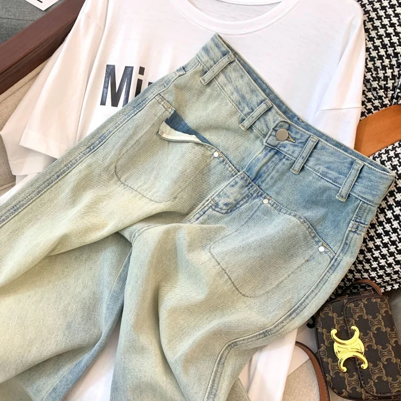 

Широкие джинсы женские S-3XL свободные в корейском стиле винтажные летние уличные ленивые потертые отбеленные шикарные модные индивидуальные студенческие джинсы