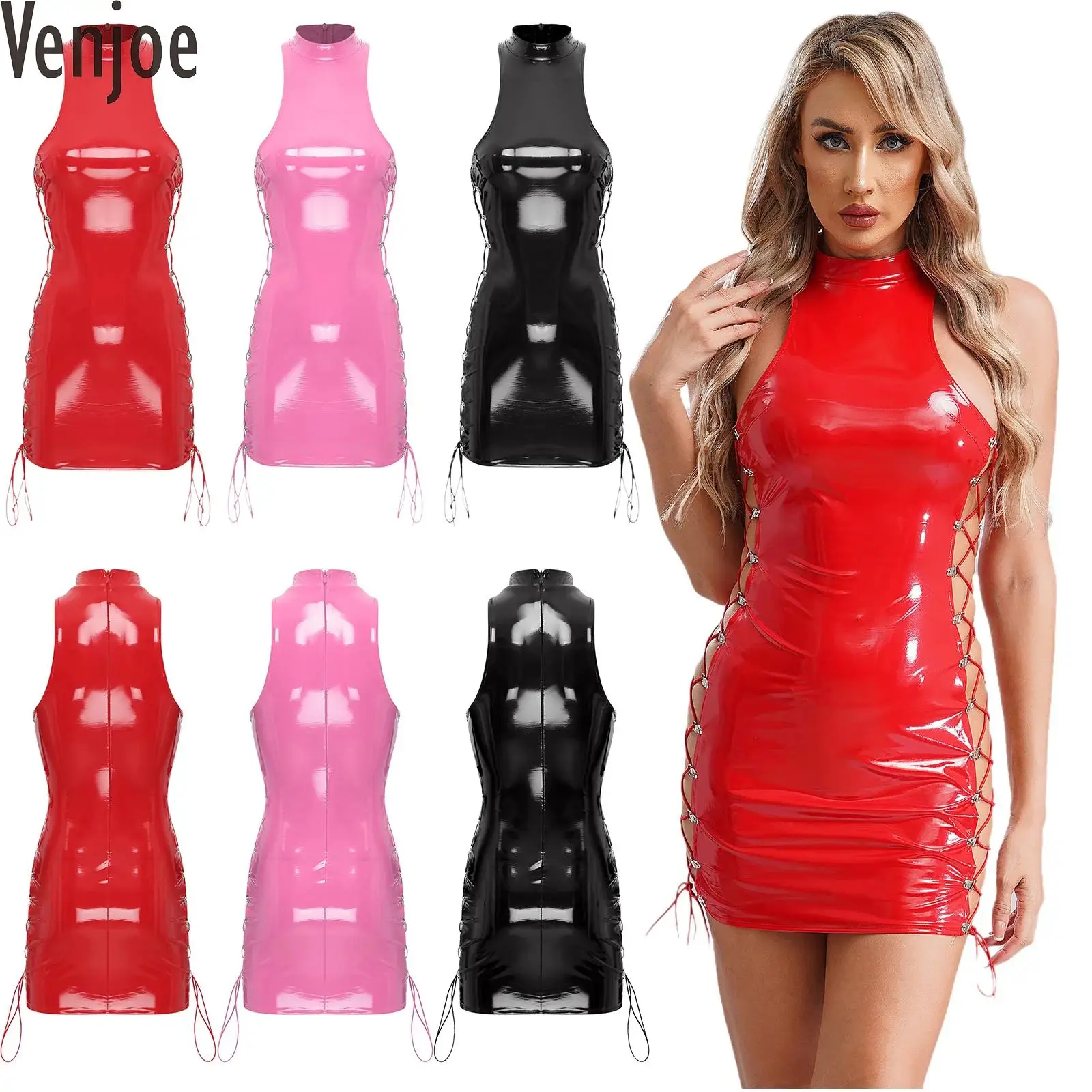 

Womens Wetlook Patent Leather Tank Dress Mock Neck Sleeveless Side Lace-up Mini Bodycon Dress Sexy Clubwear Party Dress