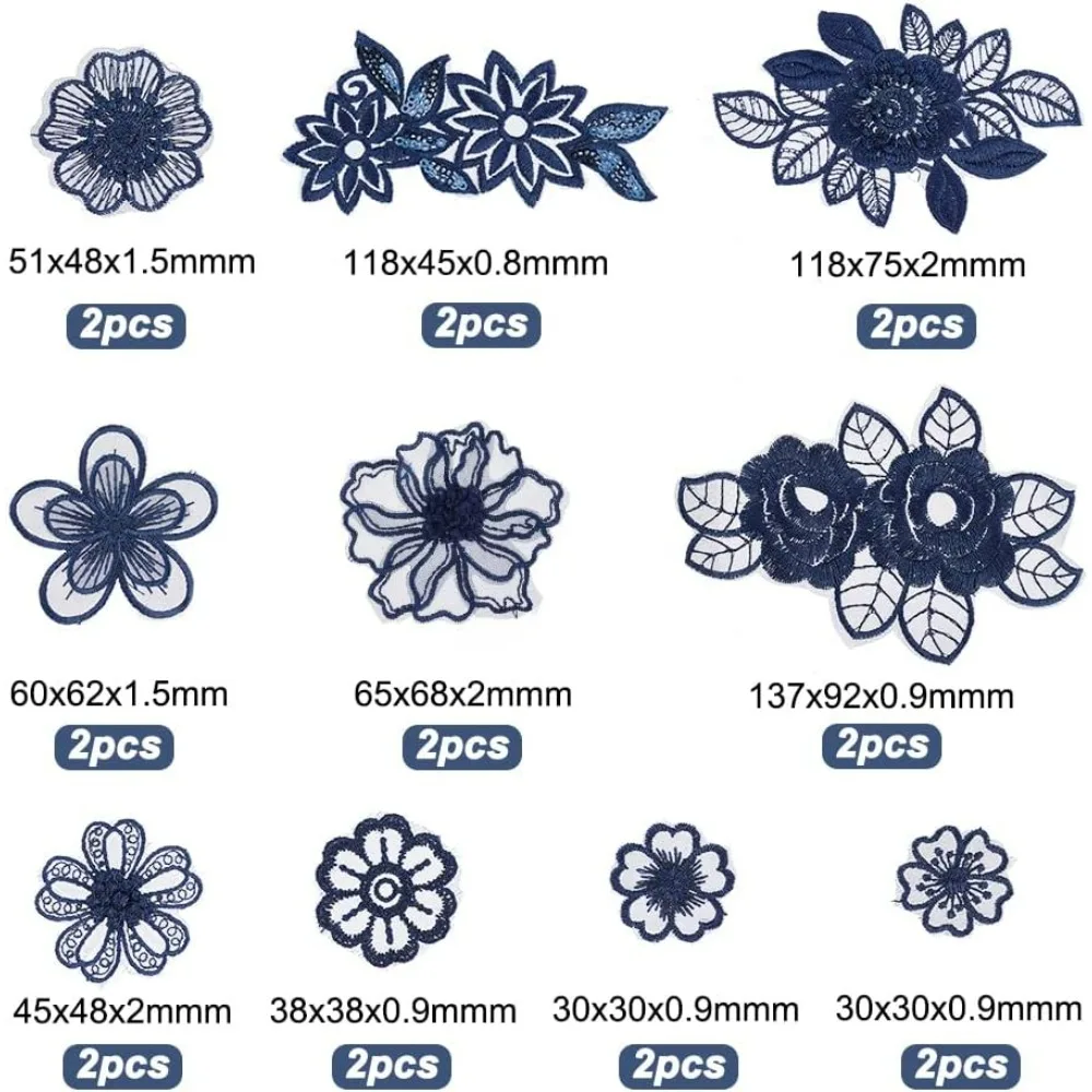 20 Pcs 3D Flower Lace Embroidery Appliques Floral Sew On Patches Dark Blue Cherry Blossom Wreath Lace Patch Fabric