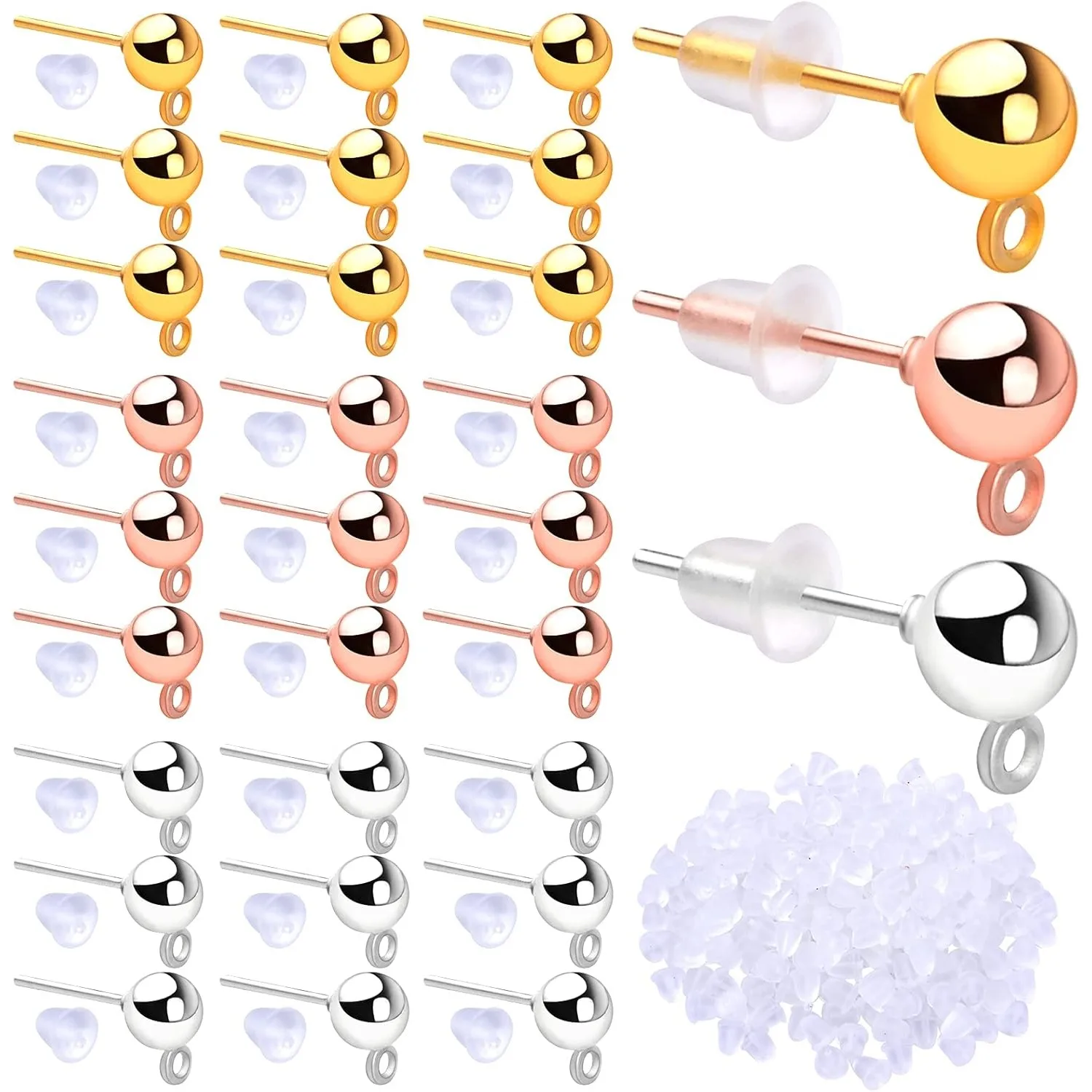 

300 шт., гипоаллергенные шпильки для ушей, серьги с петлей и 300 шт., силиконовые прозрачные серьги-пули для изготовления ювелирных изделий