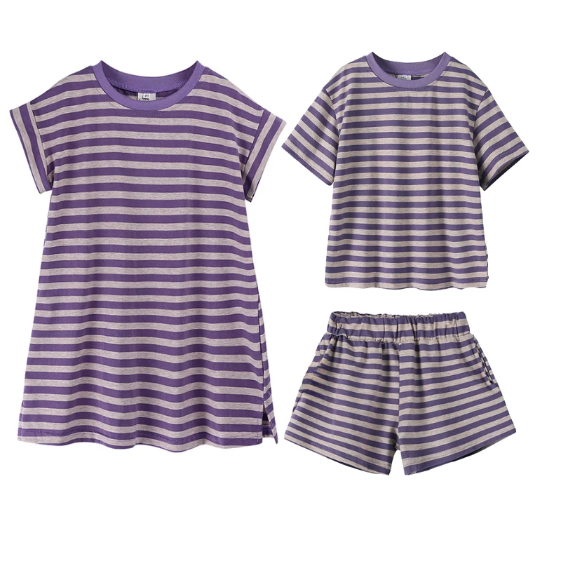 

Brother Sister Matching Outfits Summer Kids Sibling Clothes Boys Short Sleeve T-shirt Shorts 2pcs Girls Purple Striped Dress