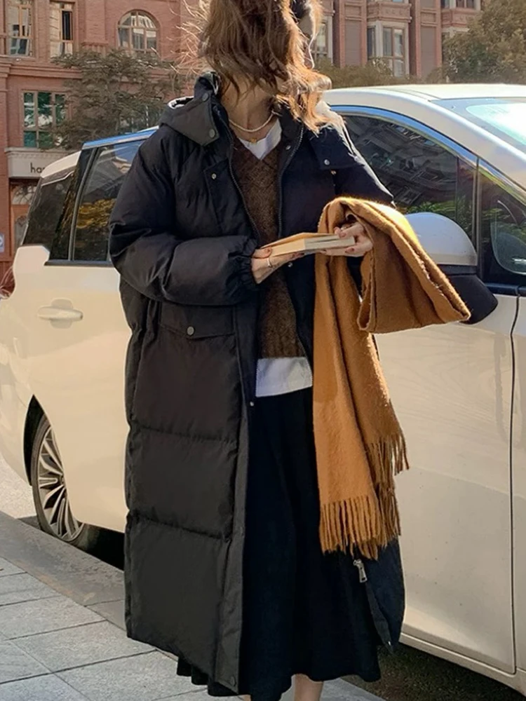 

Black long style cotton jacket women's winter 2025 new Korean version college style over the knee warm thick cotton jacket