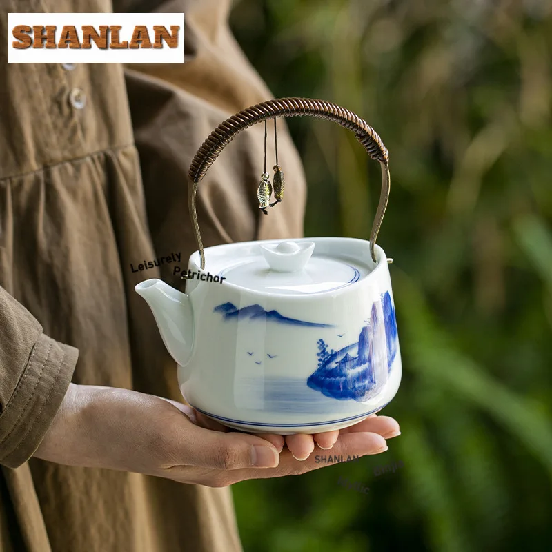 

500 мл ручная роспись синий и белый пейзажный чайник дзен чайник заварник чайник с ситечком китайский чайный сервиз подарок