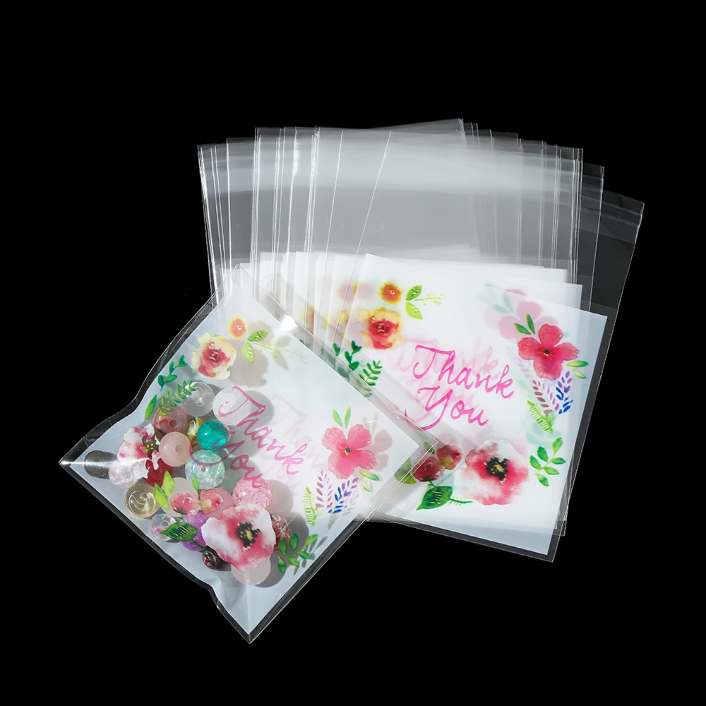 

100pcs/Lot Plastic Bags Thank you Colorful Flower Self-Adhesive Bags for Homemade Gifts Bag DIY Jewelry Packaging Storage Bag