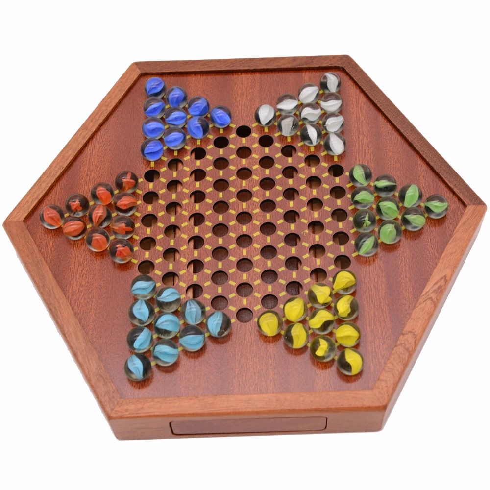 Solid Wood Chessboard with Glass Beads, Hexagonal Checkers, Drawer Style Storage for Board Games, Puzzle Interactive Toys