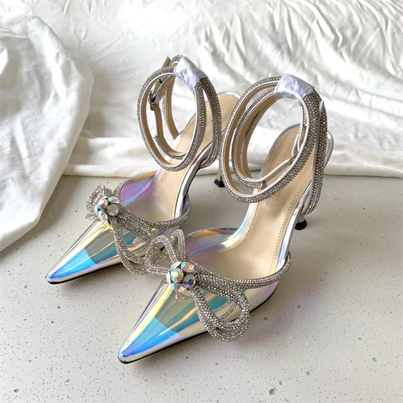 

Buy Ladies Buy 6.5cm heels design Bow Wraparound ankle strap Pumps Crystals Pointed toe Diamond Silk satin stiletto