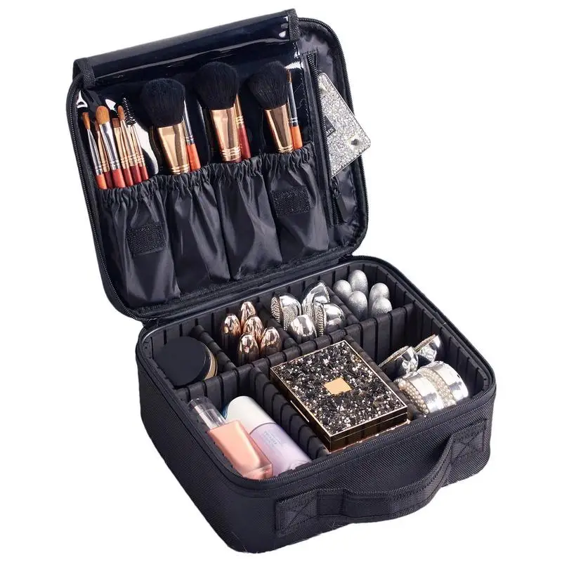 Travel Makeup Train Case Makeup Artist Travel Case With Brush Holder Divided Portable Cosmetic Storage Bag For Makeup Brushes