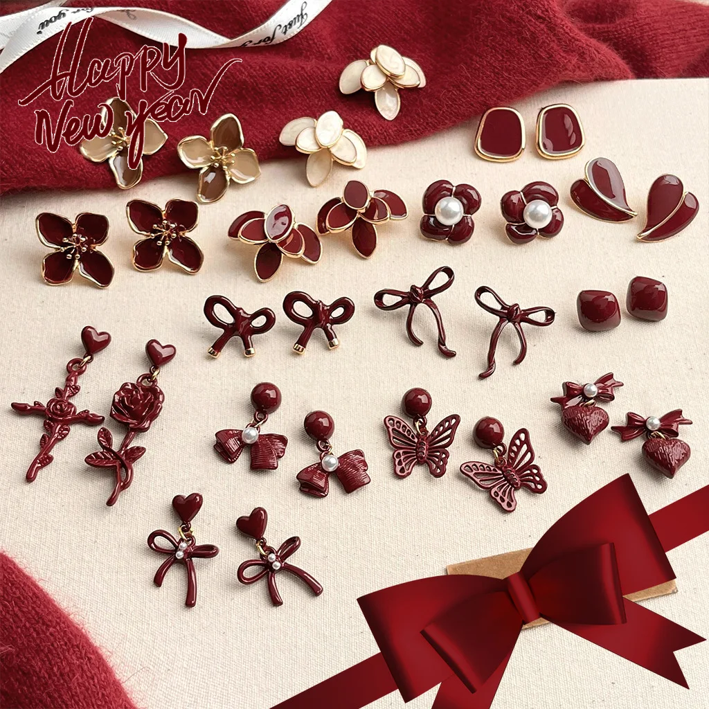 DIY accessories New Year's atmosphere, burgundy earrings, women's niche design, sweet bow earrings, high-end white dripping earr