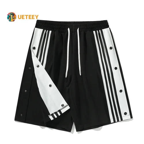 Pantalones cortos de baloncesto con botones laterales para hombre, pantalones cortos deportivos para gimnasio, entrenamiento físico, correr, pantalones cortos a rayas, pantalones cortos informales sueltos de secado rápido para hombre