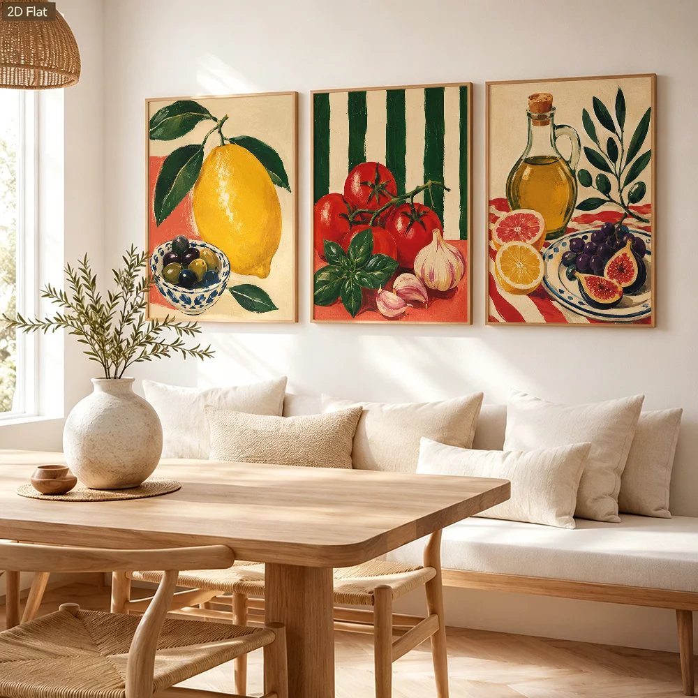 3 Pcs Vintage Fruit Vegetable Canvas Poster Wall Art, 2D Print Wall Decor, Home Decoration For Kitchen Living Room Bedroom