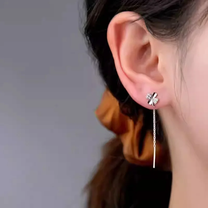 S999 Pure Silver Lucky Four-Leaf Clover Threader Earrings for Women, Delicate and Unique Long-Style Lucky Clover Studs
