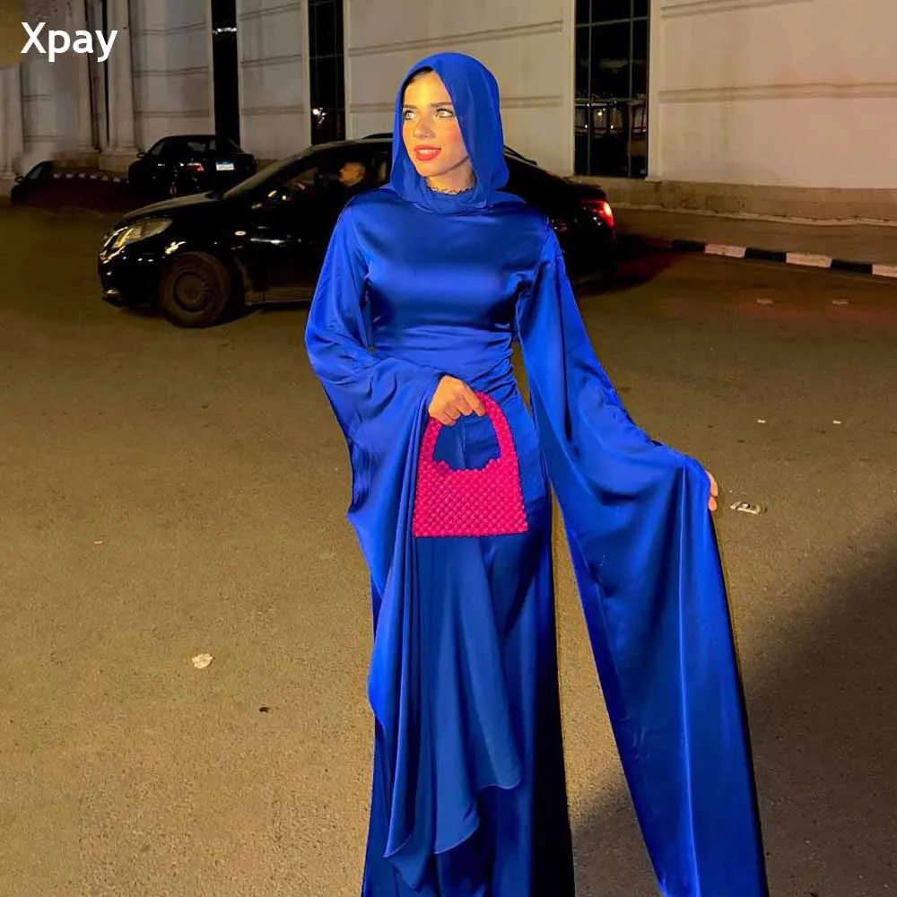 

XPAY Royal Blue Muslim Evening Dresses Long Cap Sleeves Saudi Arabic Floor Length Simple Modest Formal Occasion Party Prom Gown