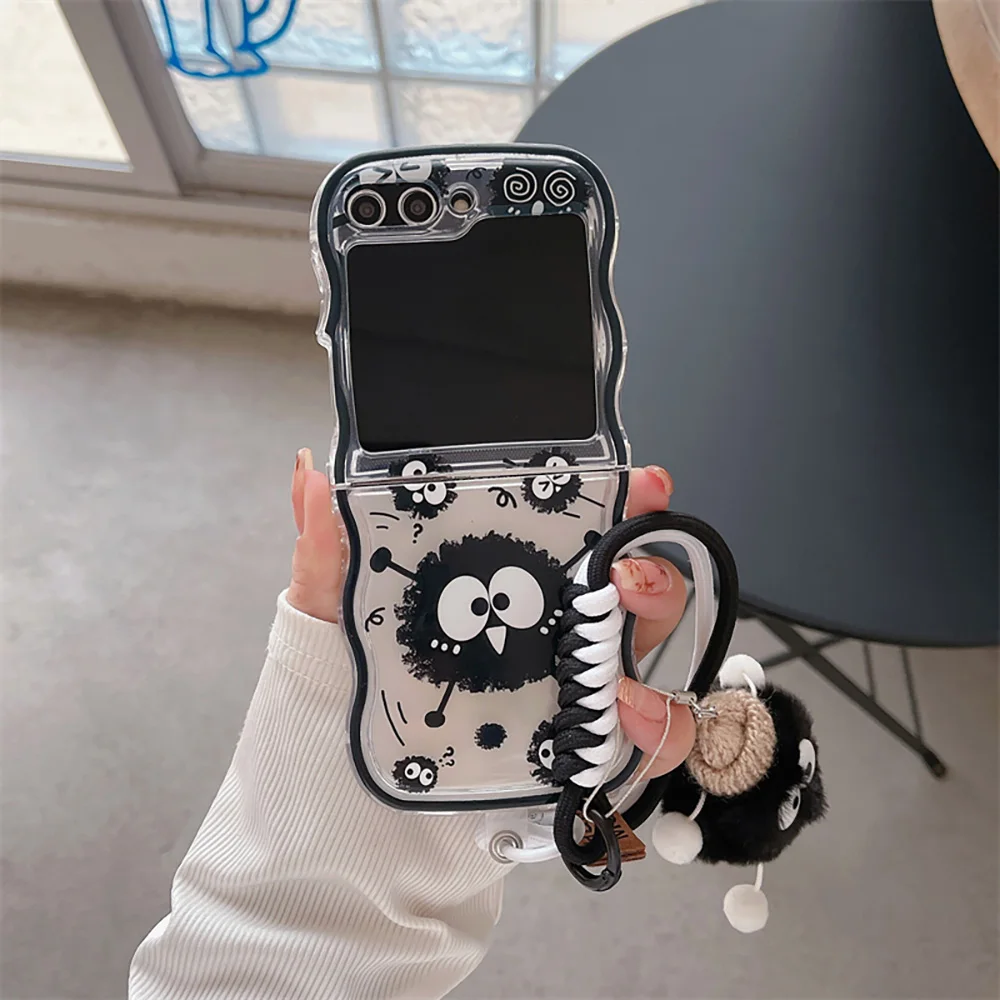 Cartoon Black Briquettes with Lanyard Phone Case for Samsung Galaxy Z Flip 3 4 Z Flip 5 6 5G PC Hard Anti-drop Back Cover Funda