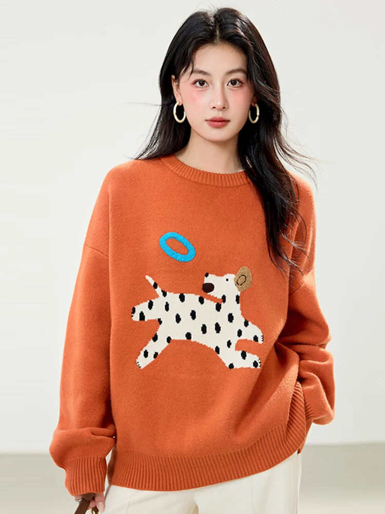 

Повседневный вязаный свитер с круглым вырезом и собачьим принтом, женский, свободного кроя, осенне-зимняя новинка, модная верхняя одежда, топ