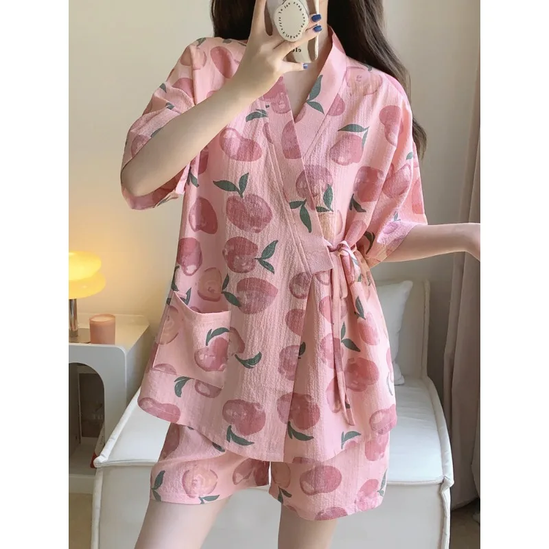 New Womens Nightwear Loungewear Kimono Pajamas Student Short Sleeves Shorts Peach Print Tops and Pants Set Sleepwear Comfortable