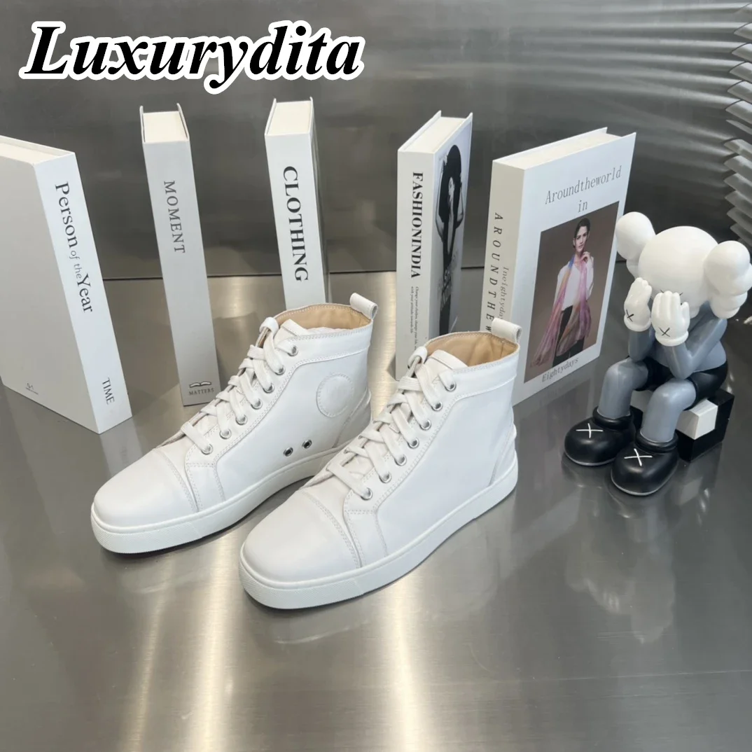 

Top Quality Womens Trendy Casual Sneakers Luxury Mens Real Leather Tennis Shoes Designr Red Soled Tide Lovers Rivet Shoes HJ1180