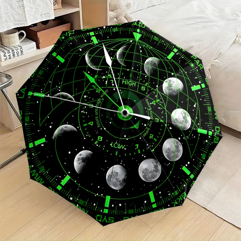 1PC Futuristic Umbrella with Moon Phases and Green Graphics Design Print 8Iron Ribs Folding Umbrella Auto-Open Fashion Sunshade