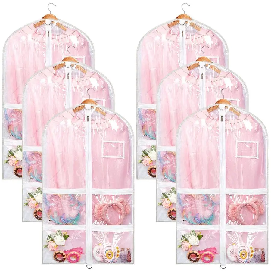 

6pcs Garment Bags for Dance Costume Clothing Bags Hanging Clothes Clear Dance Garment Carrier for Dancers with 5 Zipper Pockets