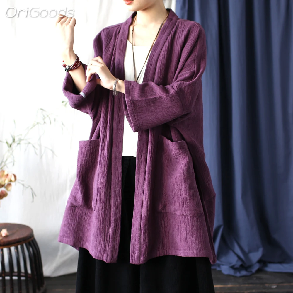 

OriGoods оверсайз-кимоно, женское пальто из 100% хлопка, длинная рубашка большого размера, новинка 202, весна-осень, кимоно в японском стиле X081