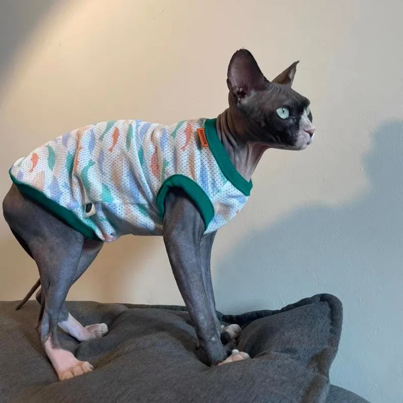 Summer Sun Protection Blue Mesh Vest for Sphinx Cat Thin Breathable Sleeveless Fashion Cooling T-Shirt Pajamas for Devon Rex - view 2