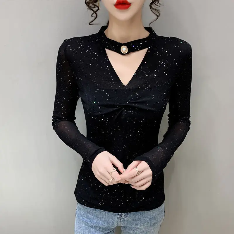 Sexy Hollow Mesh Sheer Elegant Chic Glitter Fashion Party Club Basic T Shirt Women V-Neck Long Sleeve Black Top Female Clothing