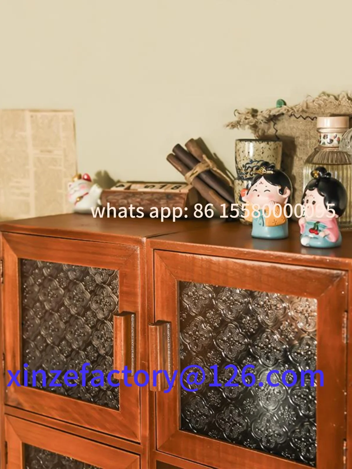 Customizable Retro Wood Storage Cabinet Kitchen Counter Heightened Cup Storage Home Tea Set