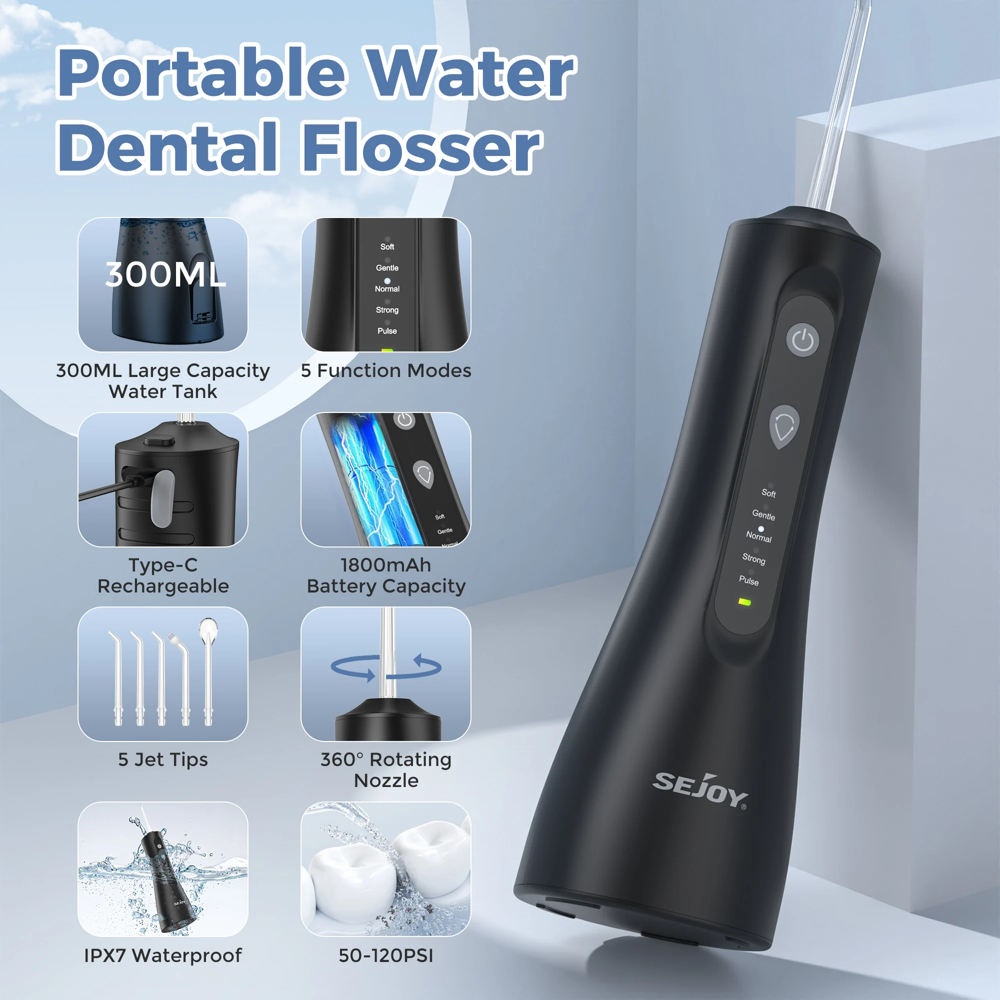 SEJOY Dental Oral Irrigator Water Flosser Thread Teeth Pick Mouth Washing Machine 5 Nozzles 5 Modes USB Rechargeable 300ml Tank
