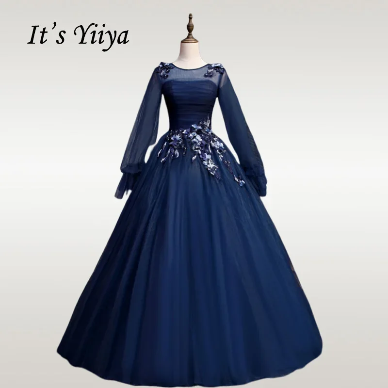 Vestido De noche azul marino con apliques De tul, traje De princesa De manga larga con cuello redondo, largo hasta el suelo, ideal para fiestas, CH079