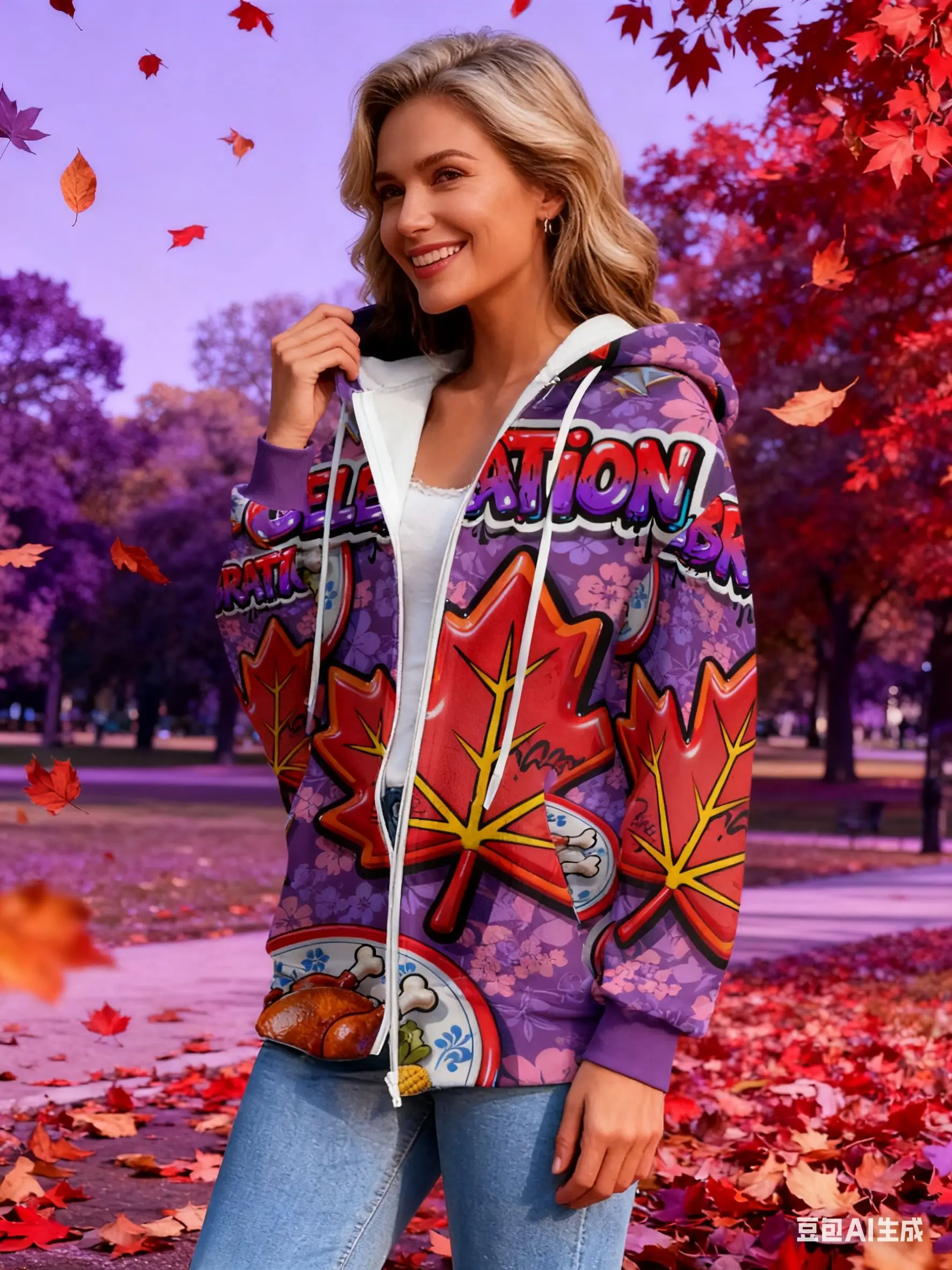 

Celebration Design with Vibrant Maple Leaves, 'Celebration' Typography, Floral Patterns & Turkey Plates for Festive Style